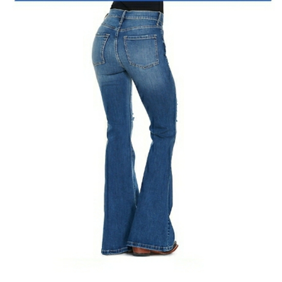 JUST USA Light Blue Distressed Flared Leg High Rise Jeans Size 3 Junior. - Picture 3 of 15